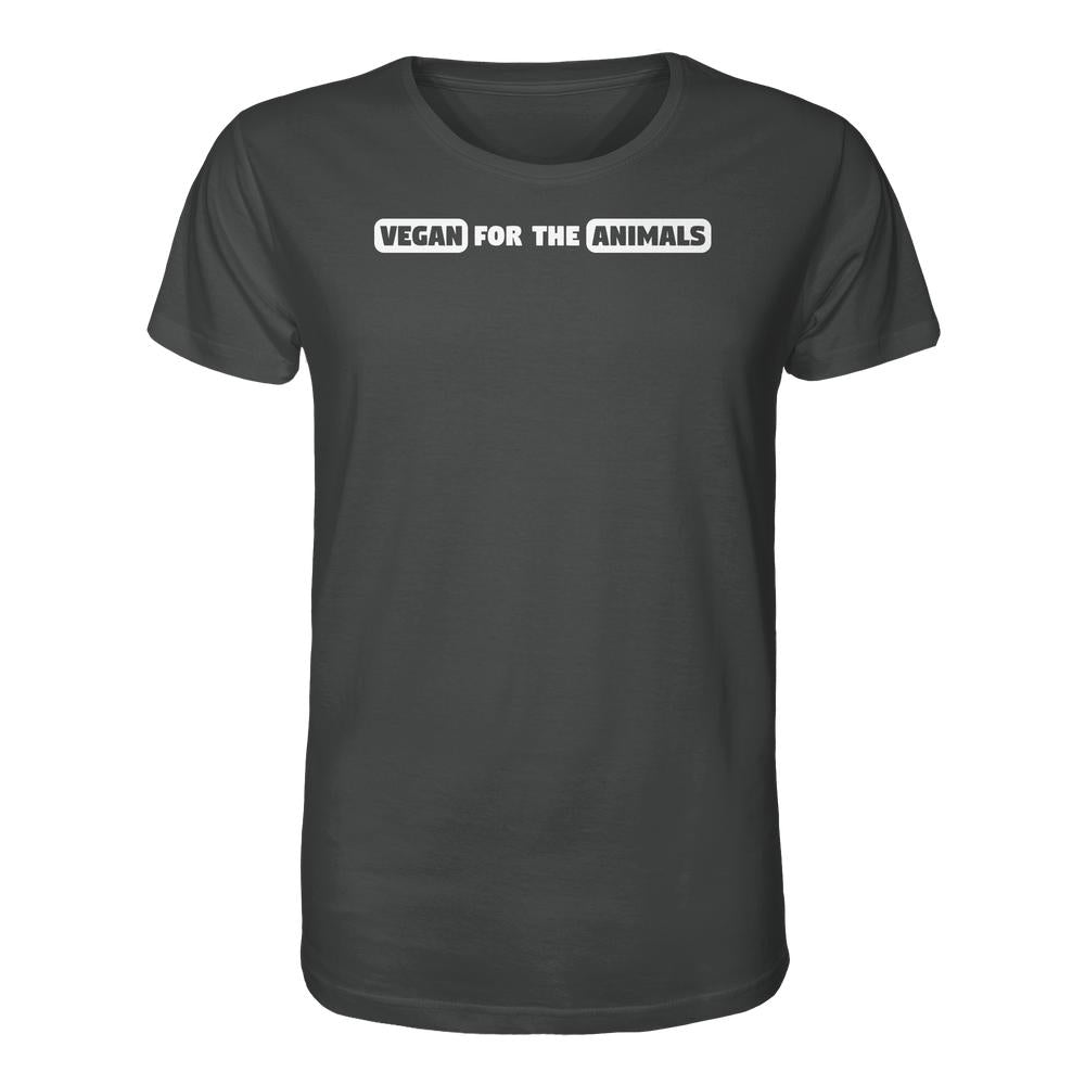 Charcoal-graues T-Shirt mit VEGAN FOR THE ANIMALS-Aufdruck, aus 100% Bio-Baumwolle, normale Passform, von RUDE REBEL, passend für vegane, nachhaltige Mode.