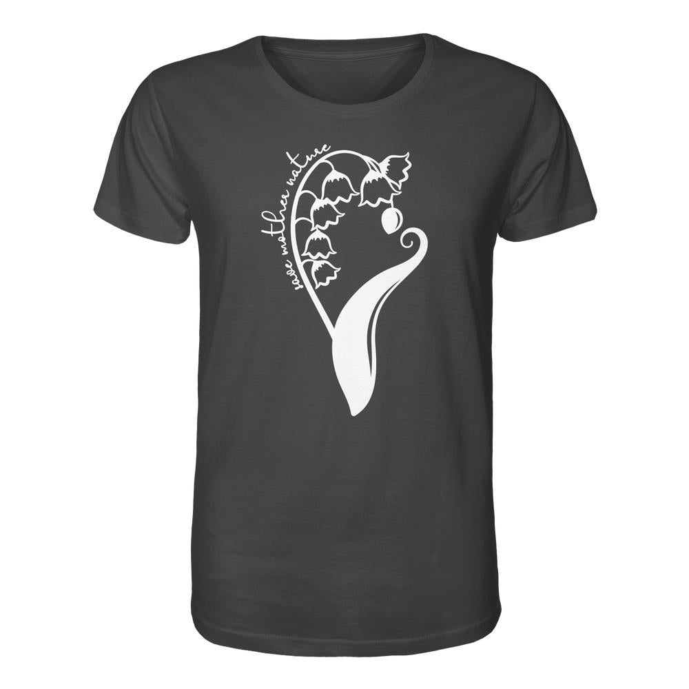 Vegan und Bio Unisex Shirt mit stilisiertem Blumenmotiv und love mother nature Schriftzug, aus 100 % Biobaumwolle, betont Naturschutzbewusstsein.
