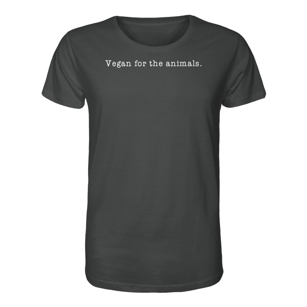 Vegan und Bio Unisex Shirt: Minimalism Design - Dunkles T-Shirt mit weißem Vegan for the animals. Slogan, aus 100% Bio-Baumwolle, normaler Schnitt, von RUDE REBEL.