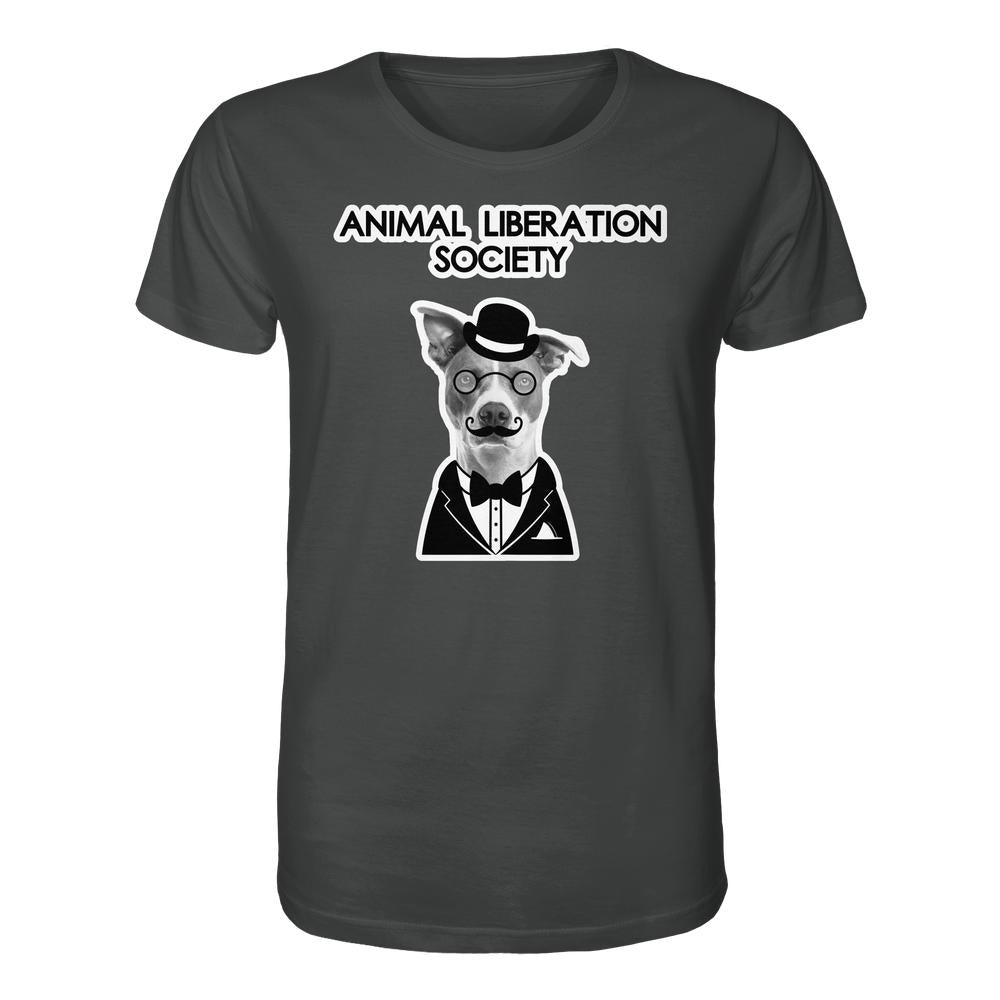 Vegan und Bio Unisex Shirt: Mr. Dog - Animal Liberation Society mit Hund in Frack und Zylinder, 100 % Biobaumwolle, normaler Schnitt, rebellisches Design von RUDE REBEL.