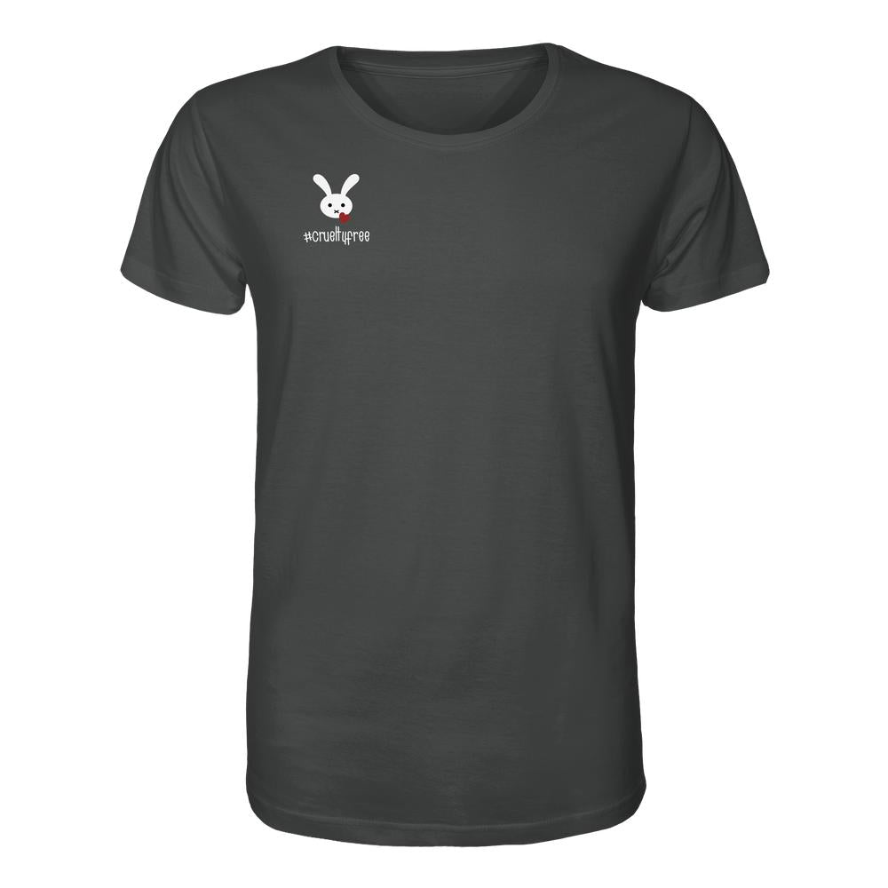 Dunkelgraues Bio-Baumwoll-T-Shirt mit kleinem weißen Cartoon-Hasenkopf und rotem Tropfen, darunter der Schriftzug „#crueltyfree“. Veganes Design von RUDE REBEL.