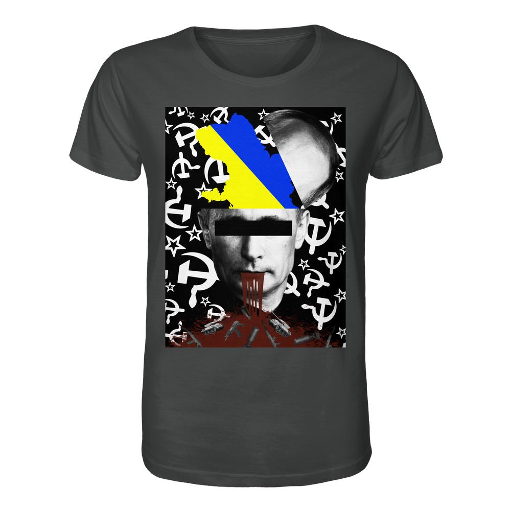 Vegan und Bio Unisex Shirt: STOP WAR IN UKRAINE! mit provokantem Anti-Kriegs-Design, zeigt eine politische Collage auf dunkelgrauer Baumwolle.