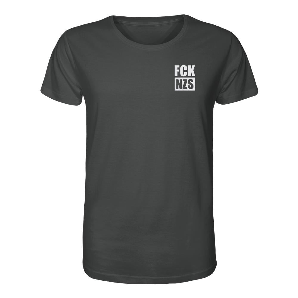 Vegan und Bio Unisex Shirt bestickt: FCK NZS - Organic Shirt aus 100% Biobaumwolle, normaler Schnitt, mit antirechtem Slogan auf der Brust, ideal für nachhaltige, rebellische Mode.