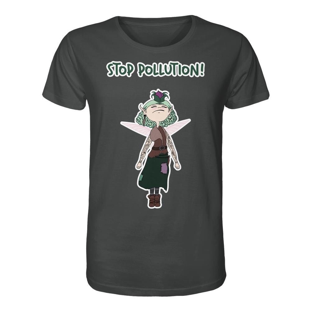 Vegan und Bio Unisex Shirt: STOP POLLUTION! - Krawall Fee mit umweltbewusster Fee, die mit Blumenhaar und Tattoos den Umweltschutz fordert. 100% Bio-Baumwolle, normale Passform.