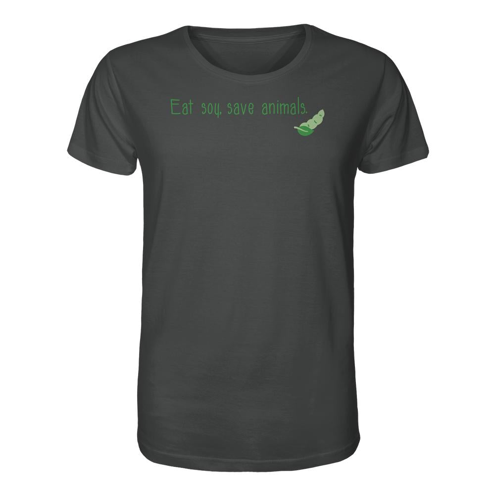 Dunkelgraues Damen-T-Shirt Vegan und Bio Unisex Shirt: Veganism - Eat soy, save animals. mit grünem Schriftzug und Erbsenschoten-Illustration, aus 100% Bio-Baumwolle.