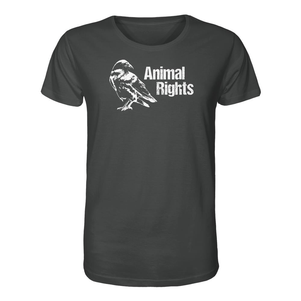 Vegan und Bio Unisex Shirt: Raven - Animal Rights zeigt einen weißen, leicht verwitterten Raben mit dem Schriftzug „Animal Rights“ auf einem dunklen T-Shirt aus 100% Bio-Baumwolle.