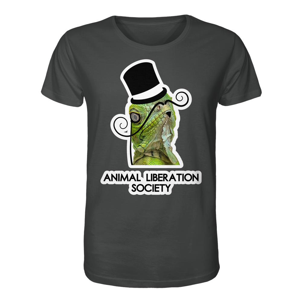 Vegan und Bio Unisex Shirt: Sir Reptile - Animal Liberation Society mit grünem Echsenmotiv, Zylinderhut und Schnurrbart. Baumwolle, normale Passform, thematisiert Tierrechte.
