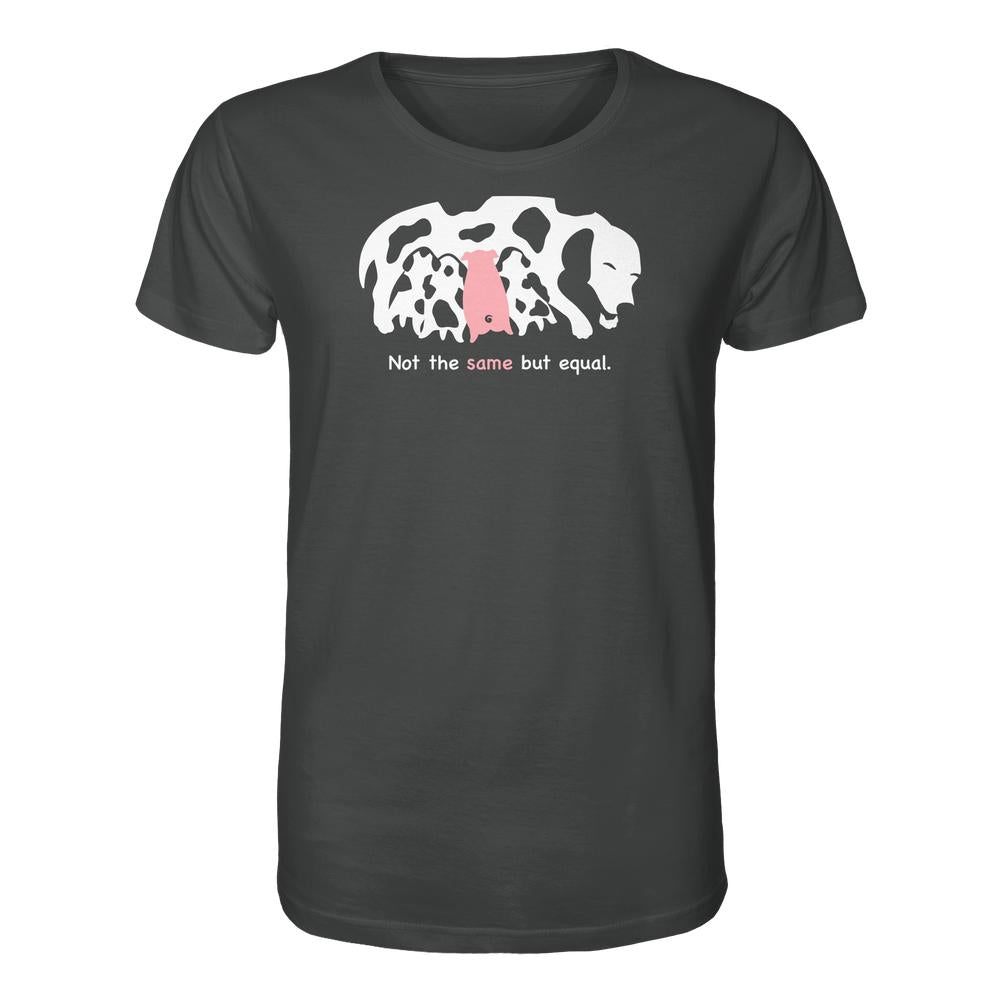 Vegan und Bio Unisex Shirt: Animal equality, dunkelgraues T-Shirt mit Kuh- und Schweingrafik, Aufschrift „Not the same but equal“, 100% Biobaumwolle, normaler Schnitt.