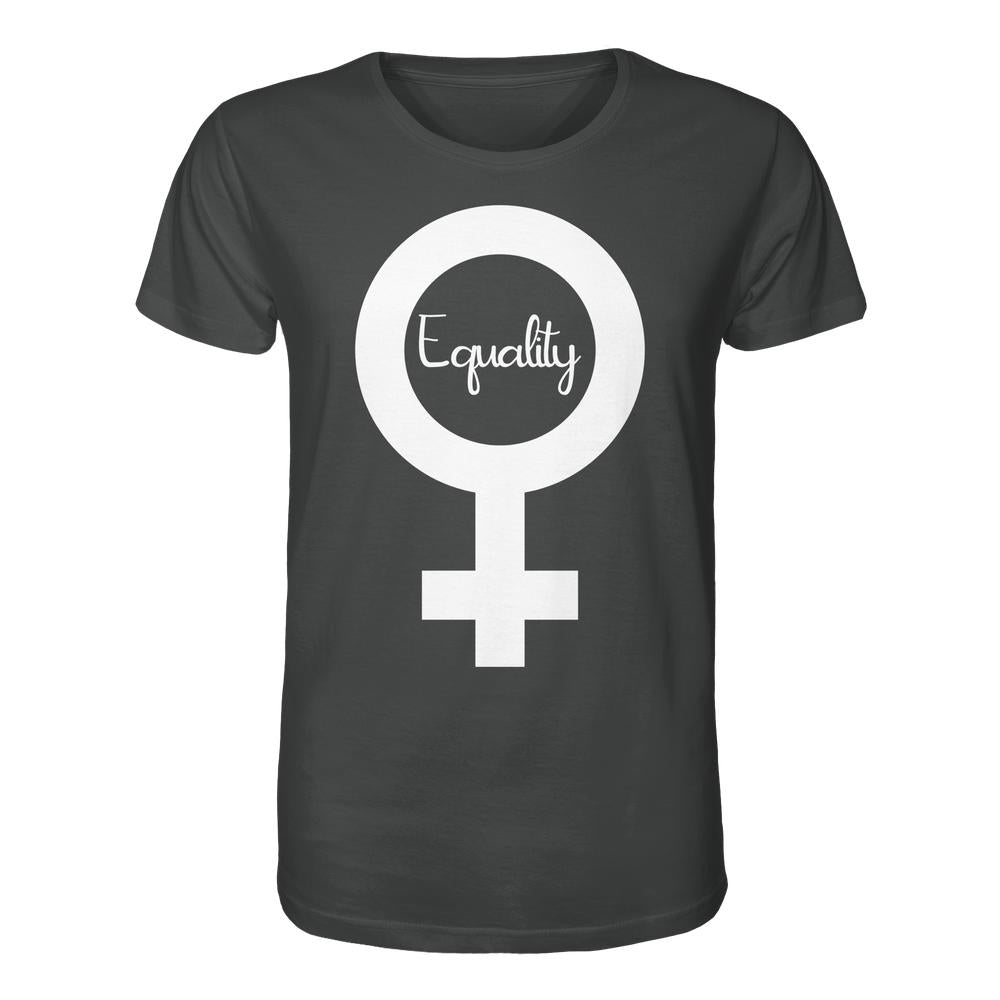 Vegan und Bio Unisex Shirt: Feminismus - Der Kampf um Gleichberechtigung, aus Bio-Baumwolle, zeigt großes weißes Venus-Symbol mit „Equality“ in Kursivschrift auf der Vorderseite.