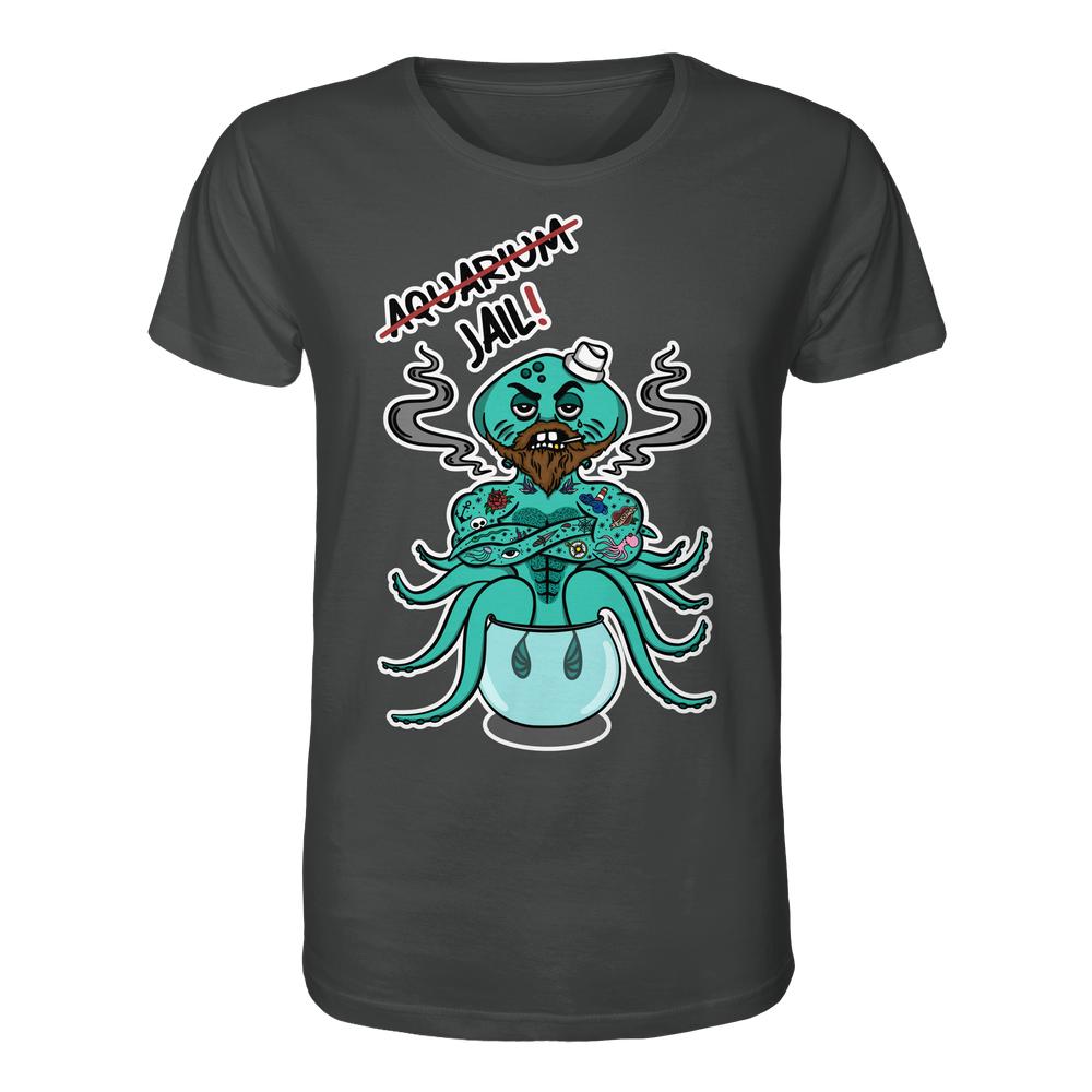 Unisex Bio-Shirt Animal Rights - Aquarium=Jail! mit einem tätowierten, rauchenden Oktopus im Fischglas. Humorvolles Design, das Tierrechte und Naturschutz thematisiert.