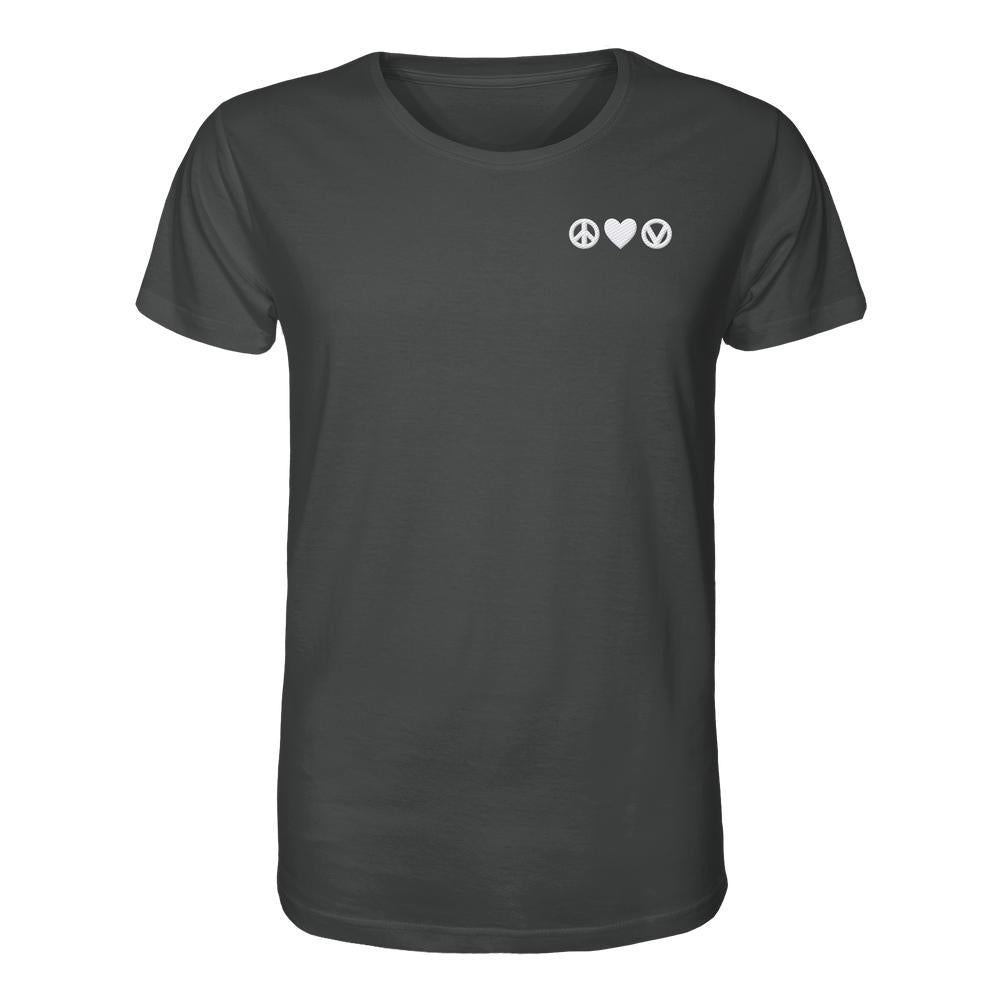 Vegan und Bio Unisex Shirt bestickt: Peace - Love - Veganism, aus 100% Bio-Baumwolle, zeigt dezentes Design mit Frieden-, Herz-, und Vegan-Symbol auf der Brust.