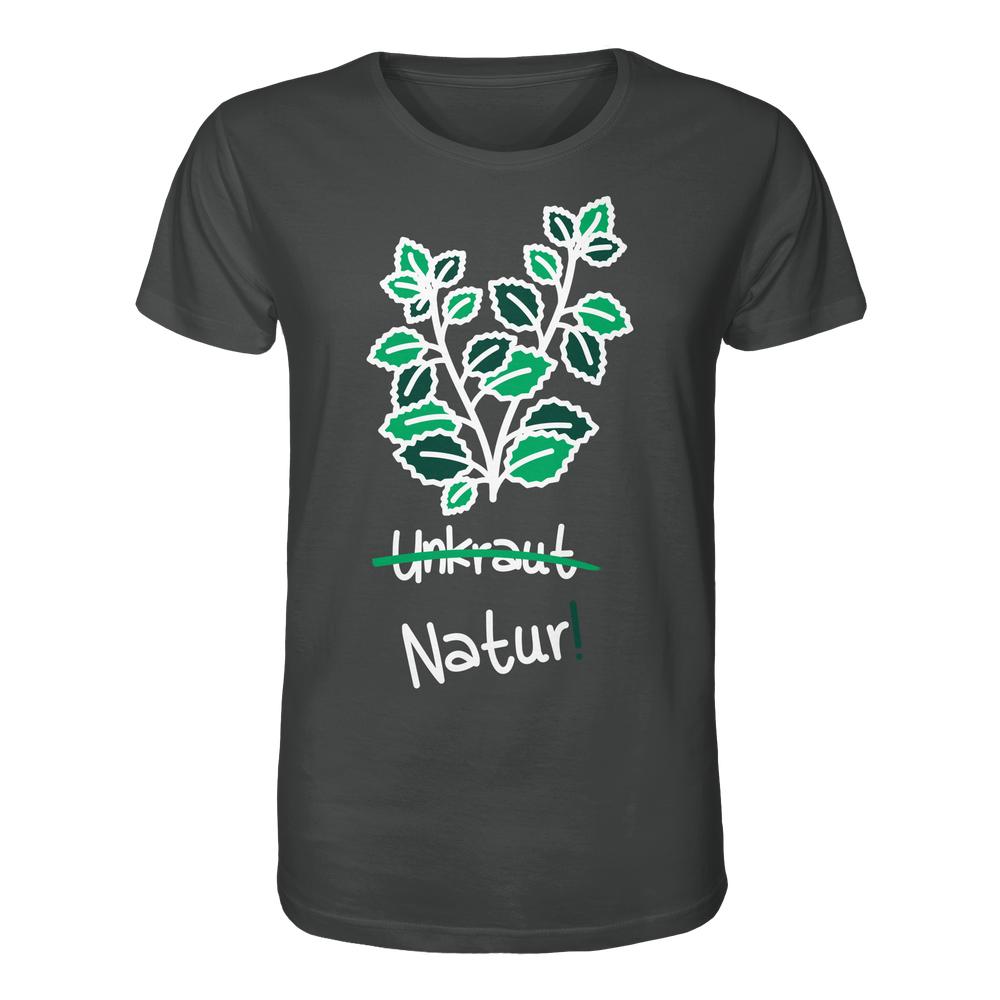 Vegan und Bio Unisex Shirt: Brennnessel - Naturschutz, mit stilisiertem Minzblatt und durchgestrichenem Unkraut, darunter Natur!. Hergestellt aus 100% Bio-Baumwolle.