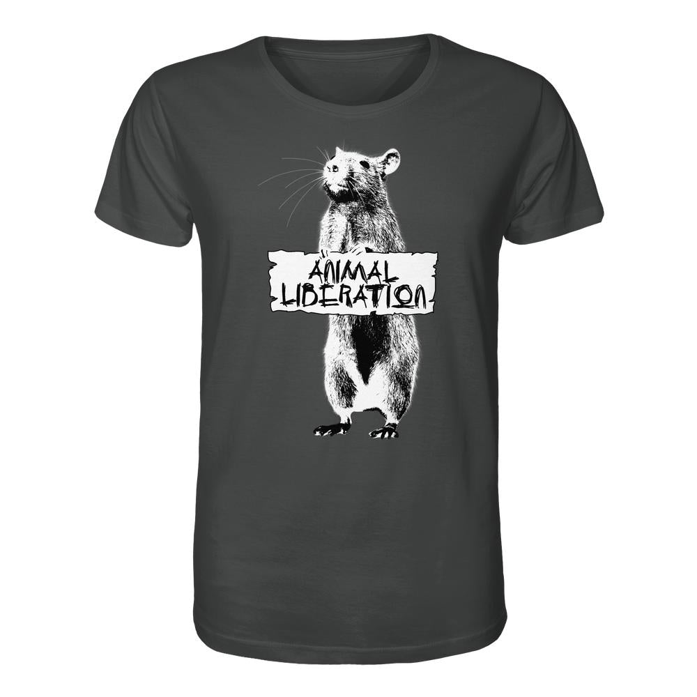 Unisex Bio-Shirt Rat for Animal Liberation mit Rattenmotiv und Schild Animal Liberation, inspiriert von Banksy. 100% Bio-Baumwolle, normale Passform.