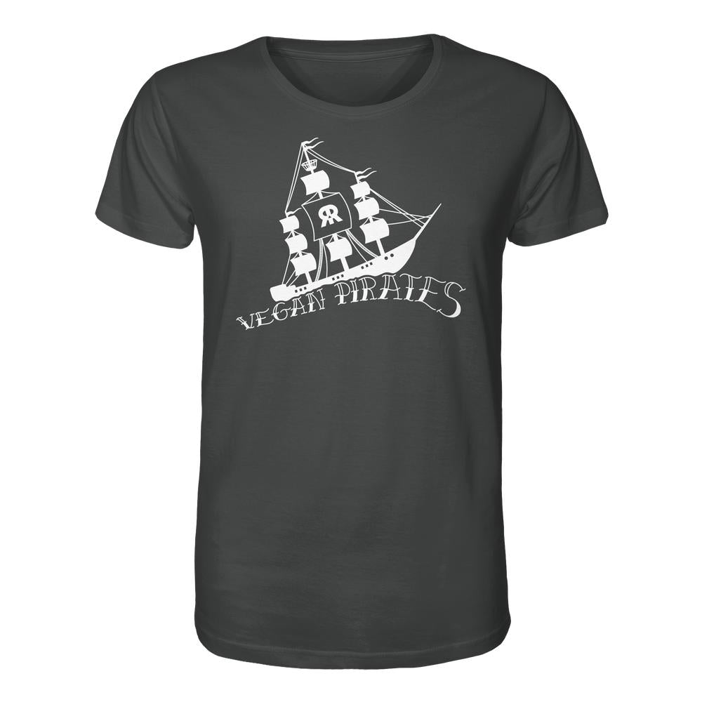 Unisex-Shirt Vegan Pirates mit weißem Segelschiff-Print und Schriftzug, aus 100% Bio-Baumwolle, normaler Schnitt, von RUDE REBEL, vegane und nachhaltige Mode.