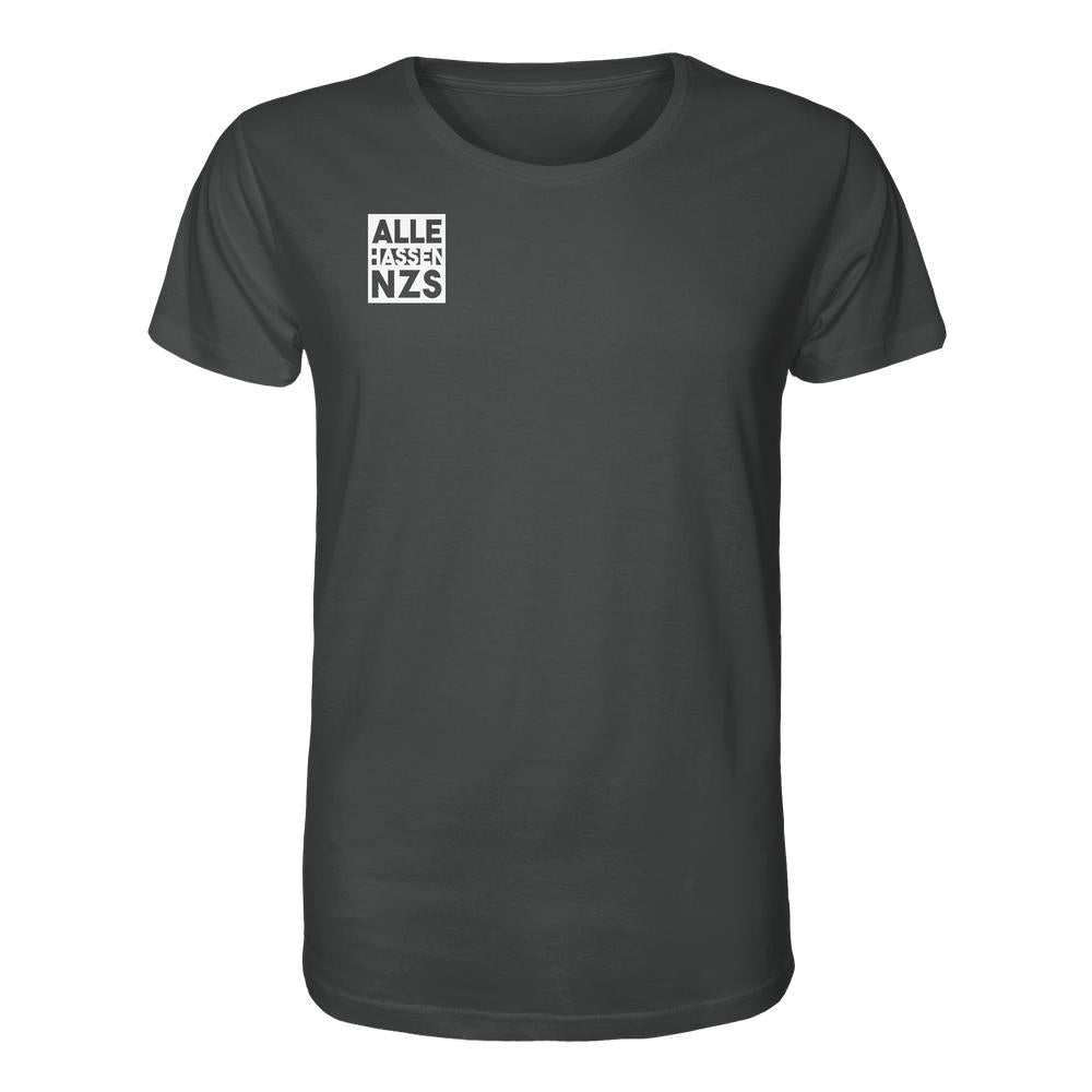 Vegan und Bio Unisex Shirt: ALLE HASSEN NZS! Schwarzes T-Shirt mit weißem Brustaufdruck, aus biologischer Baumwolle, normale Passform, von RUDE REBEL.