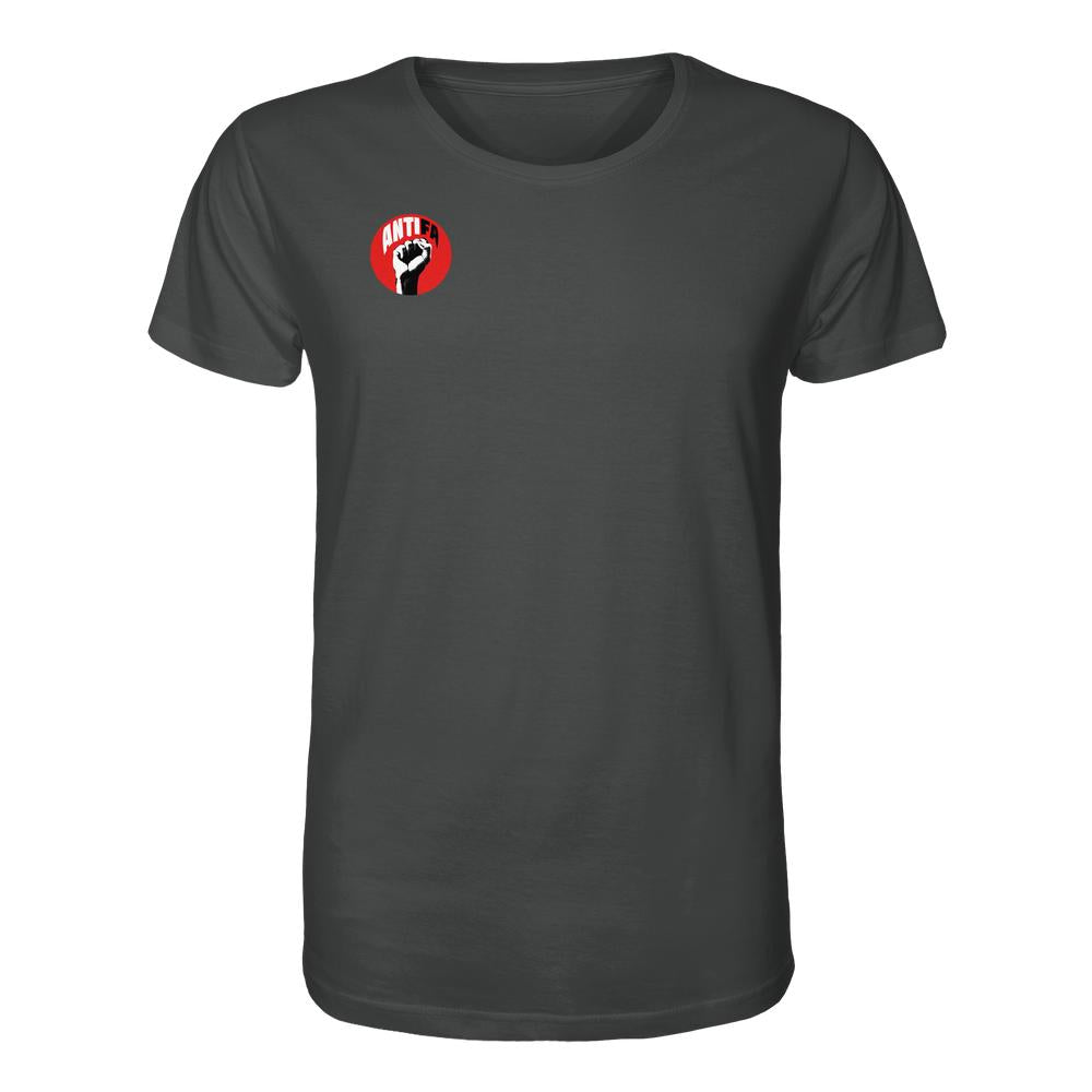 Dunkelgraues T-Shirt mit rotem ANTIFA-Logo auf der Brust. Vegan und nachhaltig produziert aus Bio-Baumwolle. Normaler Schnitt, kurze Ärmel, rebellisches Design.