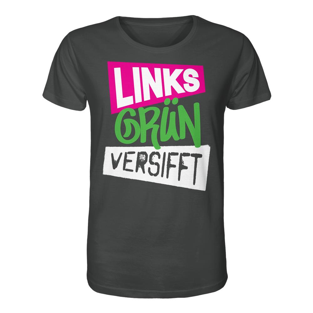 Vegan und Bio Unisex Shirt mit Slogan LINKS GRÜN VERSIFFT, rebellisches Design aus Biobaumwolle, normaler Schnitt, perfekt für umweltbewusste und politisch engagierte Träger.