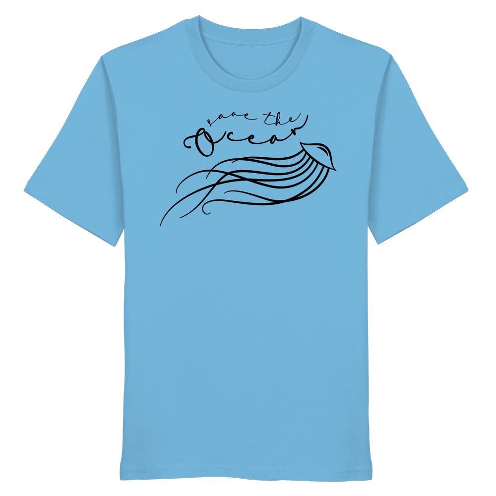 Vegan und Bio Unisex Shirt: Jellyfish - Save the Ocean, mit minimalistischer schwarzer Qualle und Slogan, aus 100 % Bio-Baumwolle, normaler Schnitt, nachhaltiges Design von RUDE REBEL.