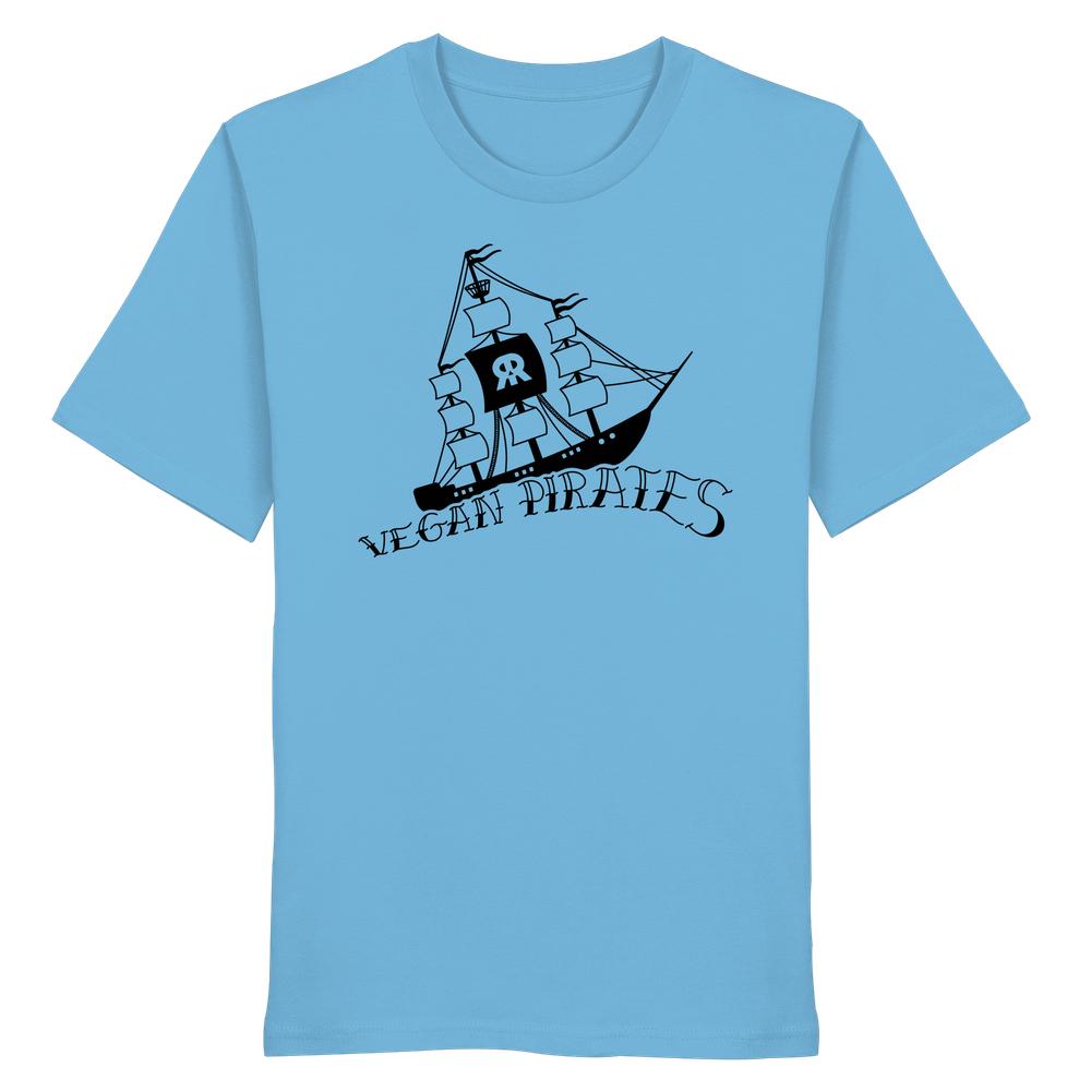 Vegan und Bio Unisex Shirt: Vegan Pirates, blau mit schwarzem Piratenschiff und Schriftzug, 100% Bio-Baumwolle, normale Passform, designed von RUDE REBEL.
