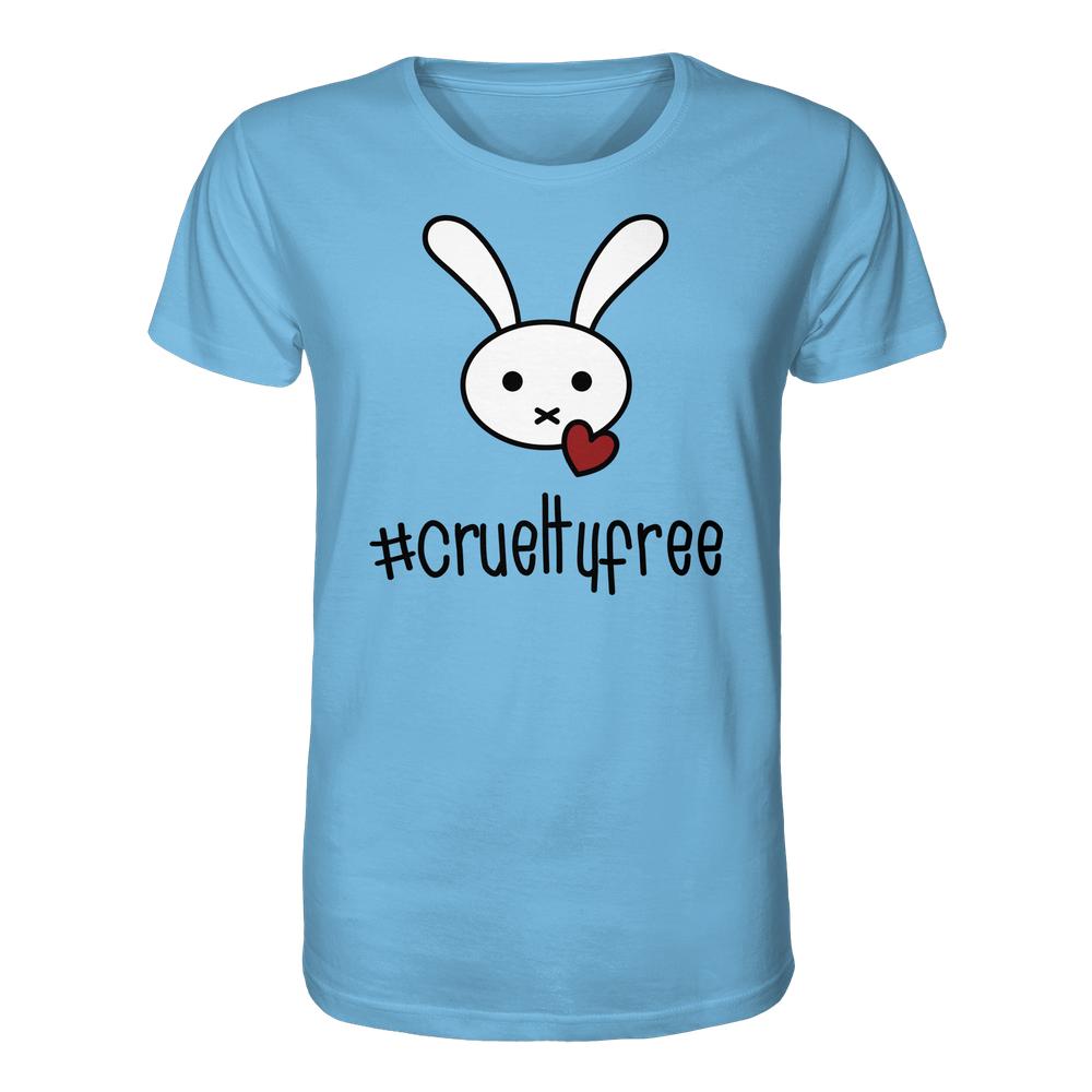 Vegan und Bio Unisex Shirt: Crueltyfree Bunny BIG zeigt einen Hasen mit Herz und Slogan auf einem hellblauen T-Shirt, aus 100% Bio-Baumwolle, normale Passform.