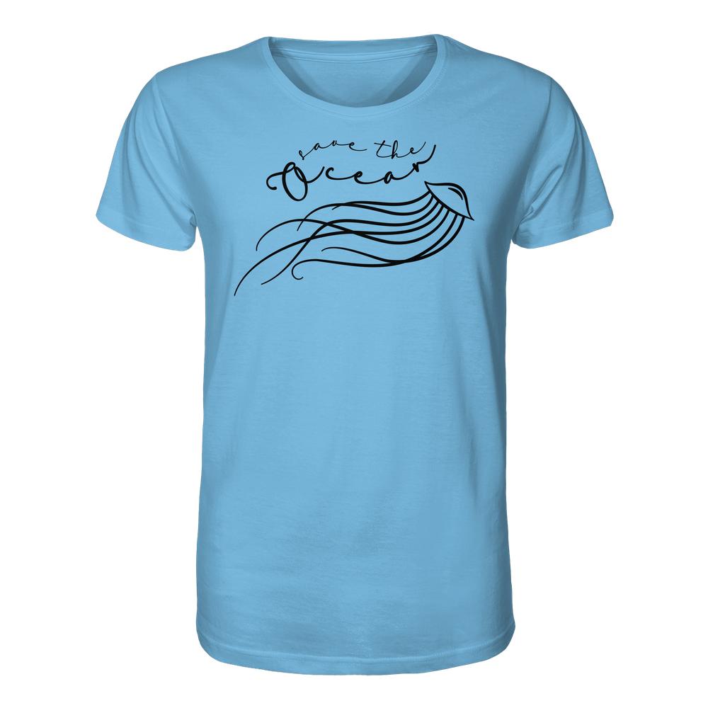 Vegan und Bio Unisex Shirt: Jellyfish - Save the Ocean, mit minimalistischer Qualle und Botschaft Save the Ocean, aus 100% Bio-Baumwolle, normale Passform.