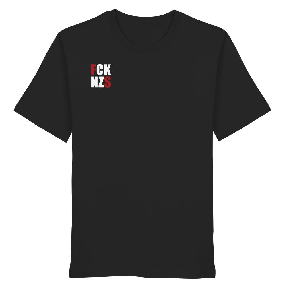 Vegan und Bio Unisex Shirt: FCK NZS mit roten Highlights, schwarzes T-Shirt mit rebellischem Print, 100% Bio-Baumwolle, normale Passform, von RUDE REBEL.