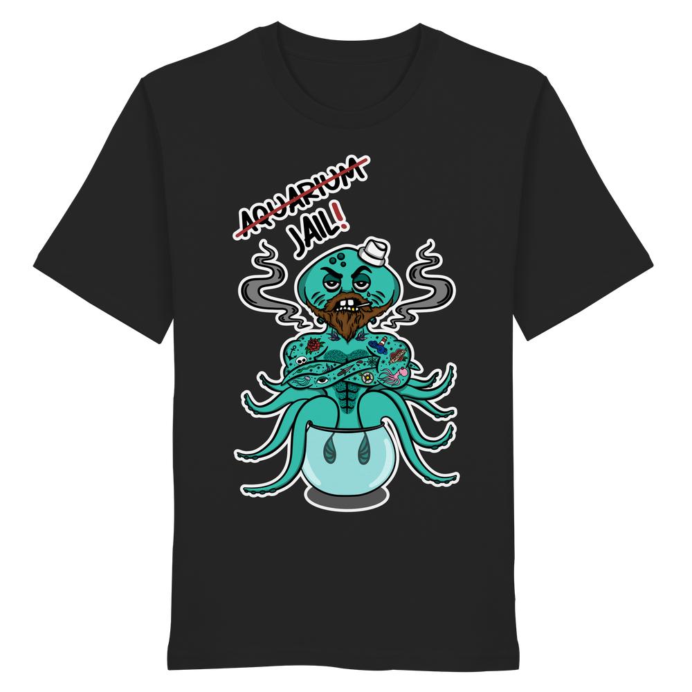 Schwarzes T-Shirt mit Cartoon-Oktopus-Design, das Tierrechte thematisiert: “Vegan und Bio Unisex Shirt: Animal Rights - Aquarium=Jail!” aus 100% Biobaumwolle.