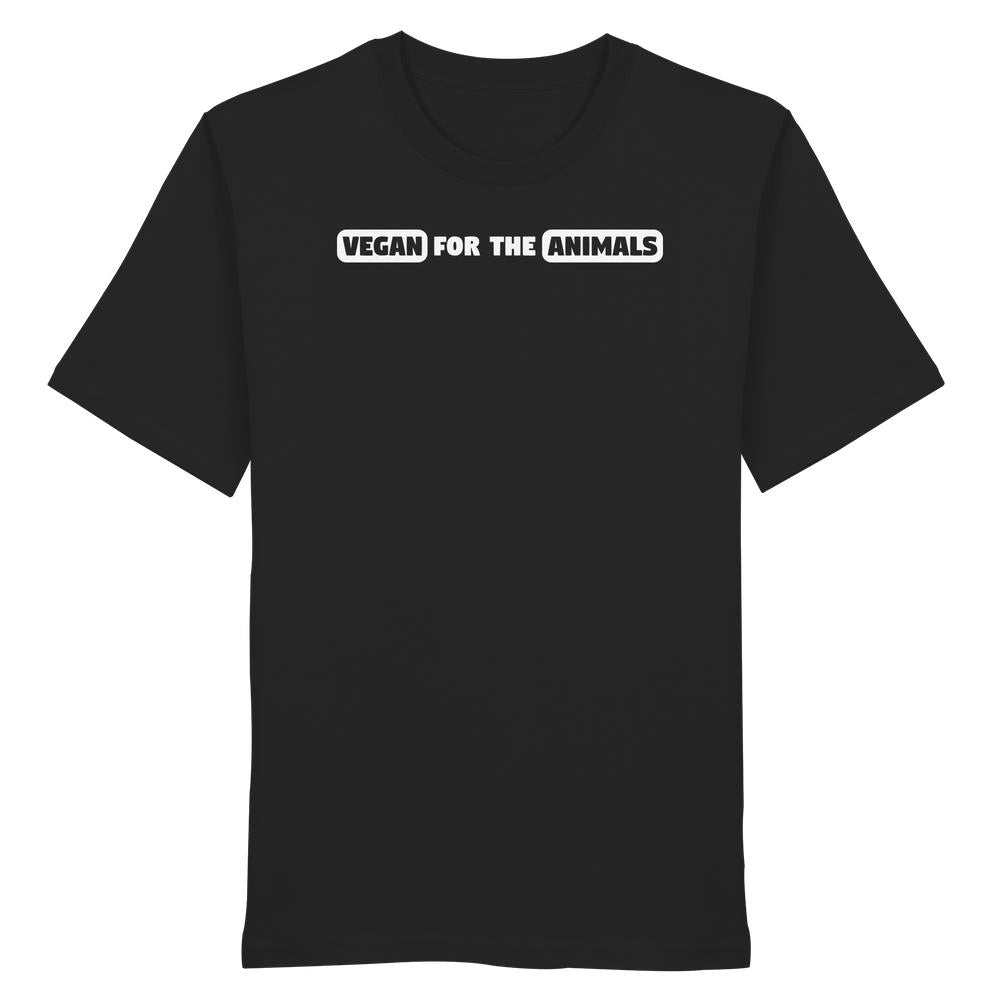 Schwarzes T-Shirt mit dem Slogan “VEGAN FOR THE ANIMALS” auf der Brust; aus 100 % Bio-Baumwolle, repräsentiert Tierschutz und Nachhaltigkeit.