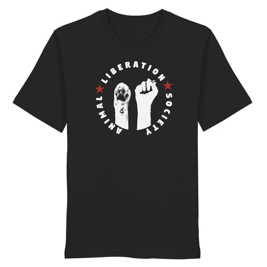 Vegan und Bio Unisex Shirt: Raise paw and fist for Animal Liberation! Schwarzes T-Shirt mit weiß-rotem Logo ANIMAL LIBERATION SOCIETY, Mensch-Faust und Tierpfote-Silhouetten, aus Bio-Baumwolle.