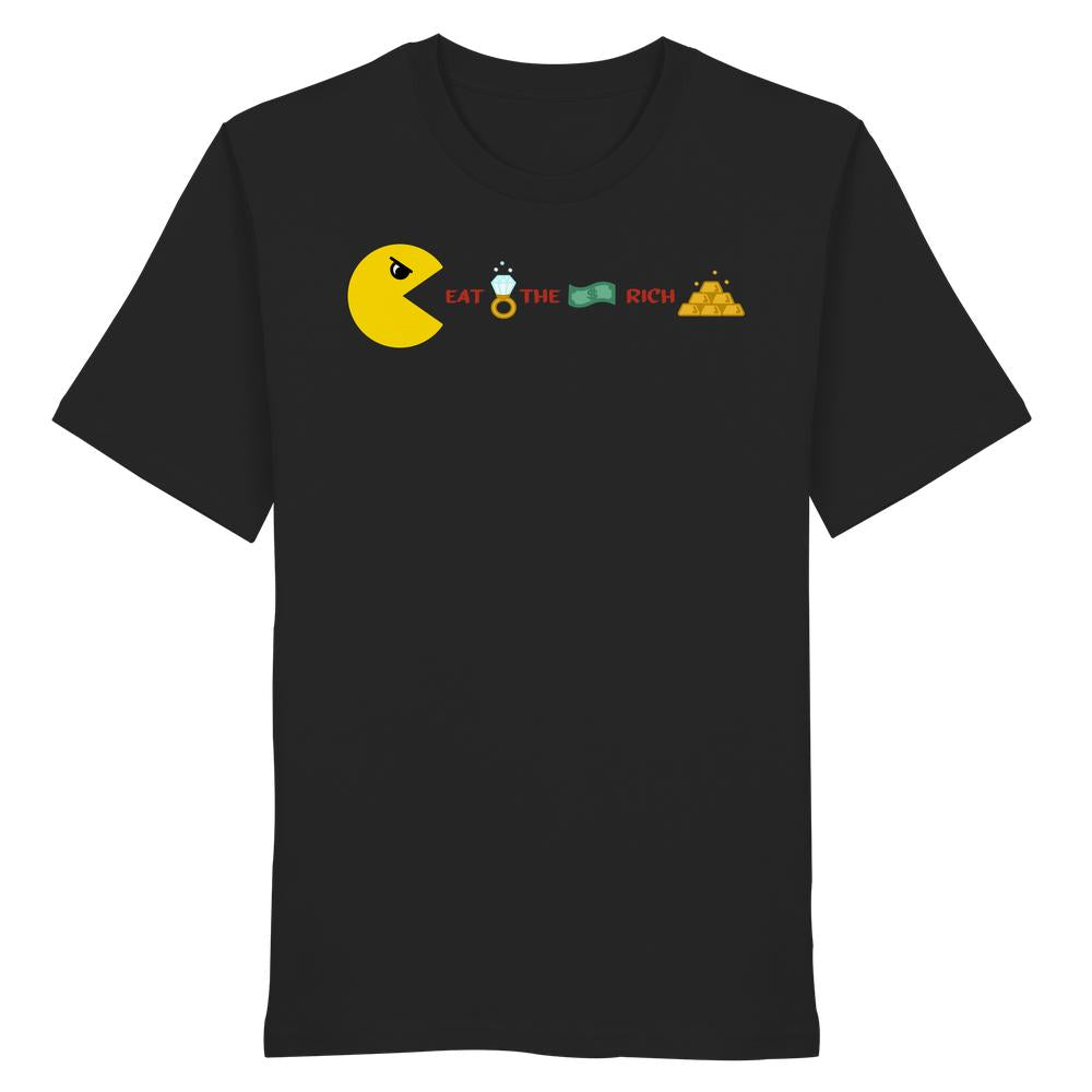 Schwarzes T-Shirt mit gelbem Pac-Man-Mund und dem Slogan EAT THE RICH aus Icons wie Diamantring, Geldschein und Goldbarren. Veganes Bio-Shirt von RUDE REBEL.