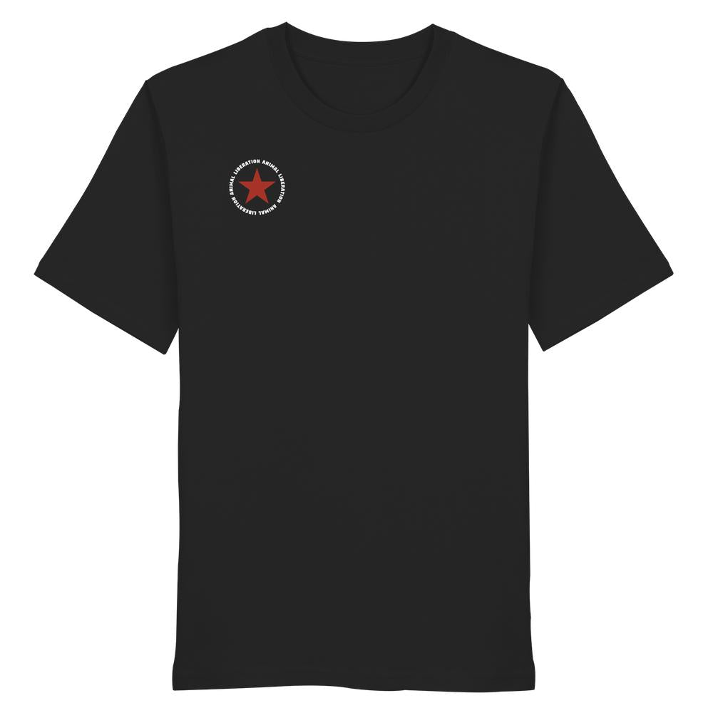 Vegan und Bio Unisex Shirt: Red Star - Animal Liberation, schwarzes T-Shirt mit rotem Sternemblem und ANIMAL LIBERATION-Text. Nachhaltig aus 100 % Bio-Baumwolle, normale Passform.