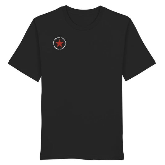 Vegan und Bio Unisex Shirt: Red Star - Animal Liberation, schwarzes T-Shirt mit rotem Sternemblem und ANIMAL LIBERATION-Text. Nachhaltig aus 100 % Bio-Baumwolle, normale Passform.