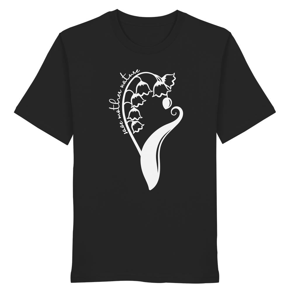 Vegan und Bio Unisex Shirt: Save Mother Nature with Flower Power, schwarzes T-Shirt mit botanischem Print und Schriftzug „rettet mutternatur“, aus 100% Bio-Baumwolle.