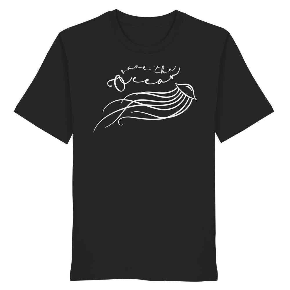 Vegan und Bio Unisex Shirt: Jellyfish - Save the Ocean mit filigranem Quallengrafik-Aufdruck und Schriftzug Save the Ocean, aus 100% Biobaumwolle, normale Passform.