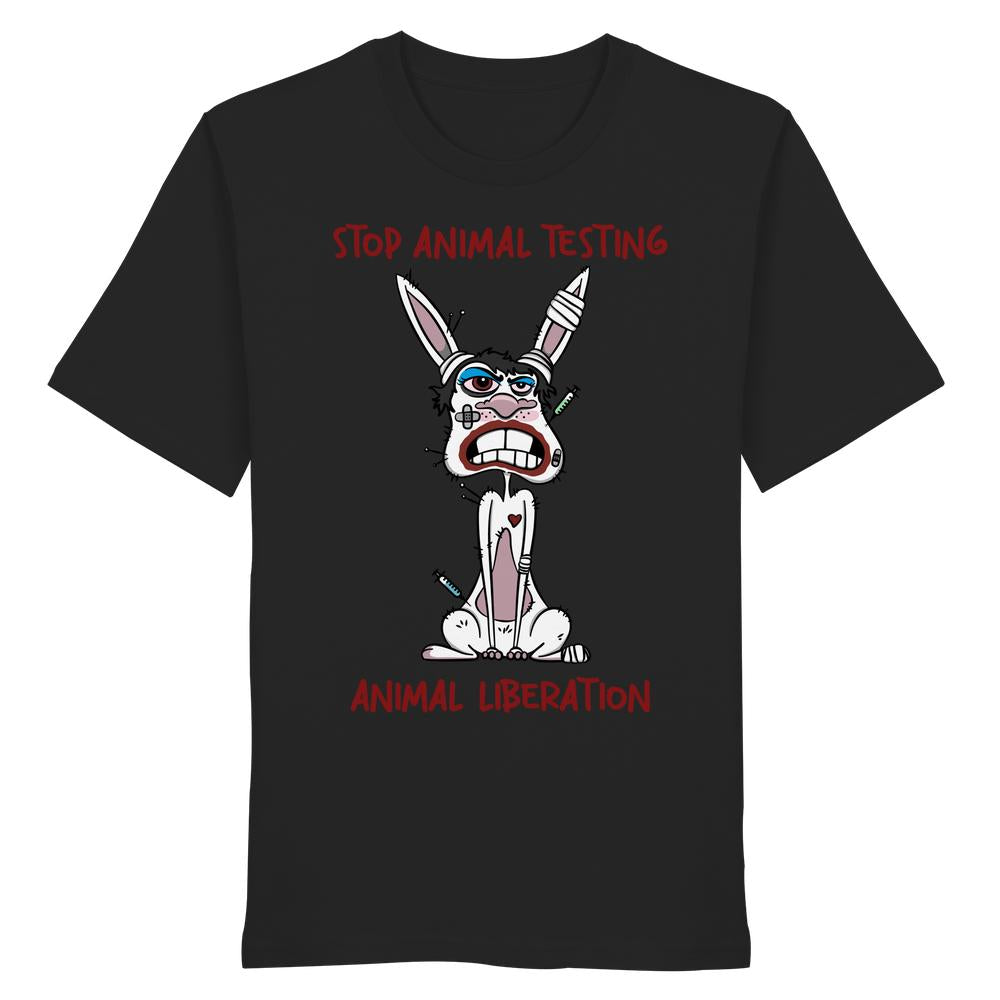 Vegan und Bio Unisex Shirt: Schwarz mit rotem Slogan STOP ANIMAL TESTING und gezeichnetem, misshandeltem Kaninchen, protestiert gegen Tierversuche, aus 100 % Biobaumwolle.