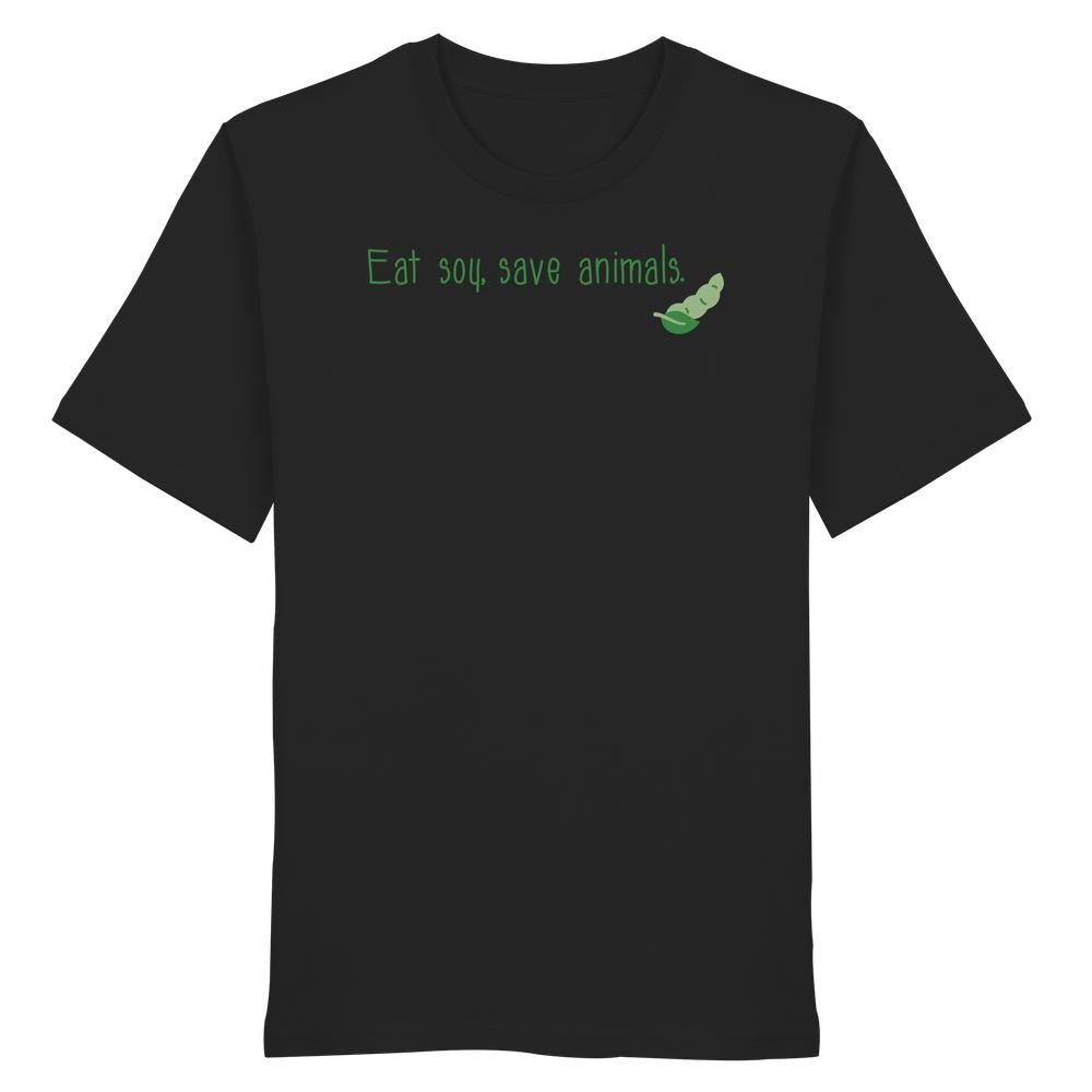Vegan und Bio Unisex Shirt mit grünem Schriftzug Eat soy, save animals und stilisiertem Sojapod, aus 100% Bio-Baumwolle, normale Passform.