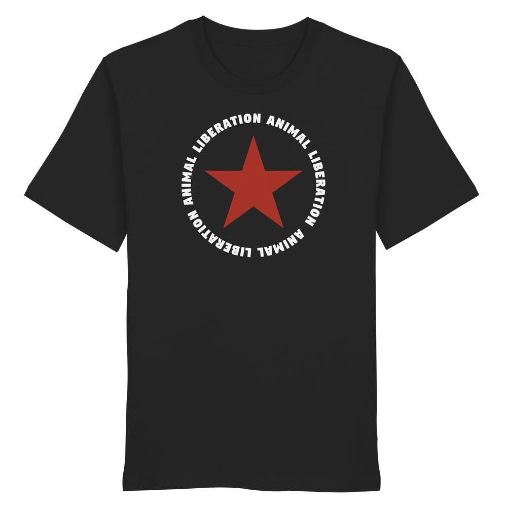Vegan und Bio Unisex Shirt: Red Star and Animal Liberation mit rotem Stern und weißem Schriftzug ANIMAL LIBERATION aus 100 % Bio-Baumwolle, normaler Schnitt.