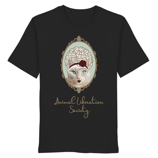 Schwarzes T-Shirt mit barockem Katzenporträt und Aufschrift „Animal Liberation Society“, aus 100% Bio-Baumwolle, normale Passform, von RUDE REBEL.