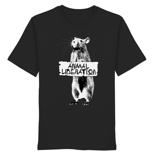 Schwarzes Unisex-Shirt aus Bio-Baumwolle mit weißem Rattenmotiv, das ein ANIMAL LIBERATION-Schild hält, inspiriert von Banksy's Street Art.