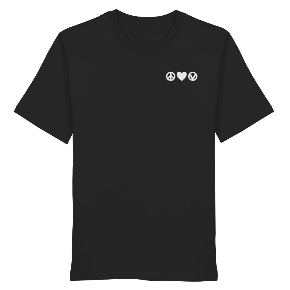 Vegan und Bio Unisex Shirt bestickt: Peace - Love - Veganism, schwarzes T-Shirt mit kleinen weißen Symbolen für Frieden, Liebe und Veganismus auf der linken Brustseite.