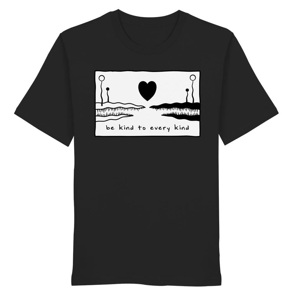 Unisex-Bio-Shirt Be kind to every kind mit stilisierten Tiermäulern und Herzmotiv auf schwarzem Grund, 100% Baumwolle, designed von RUDE REBEL.