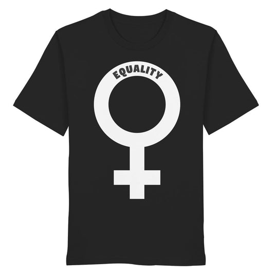 Vegan und Bio Unisex Shirt mit großem weißen Venussymbol und EQUALITY-Schriftzug, fördert Geschlechtergleichheit. Hergestellt aus 100% Biobaumwolle von RUDE REBEL.