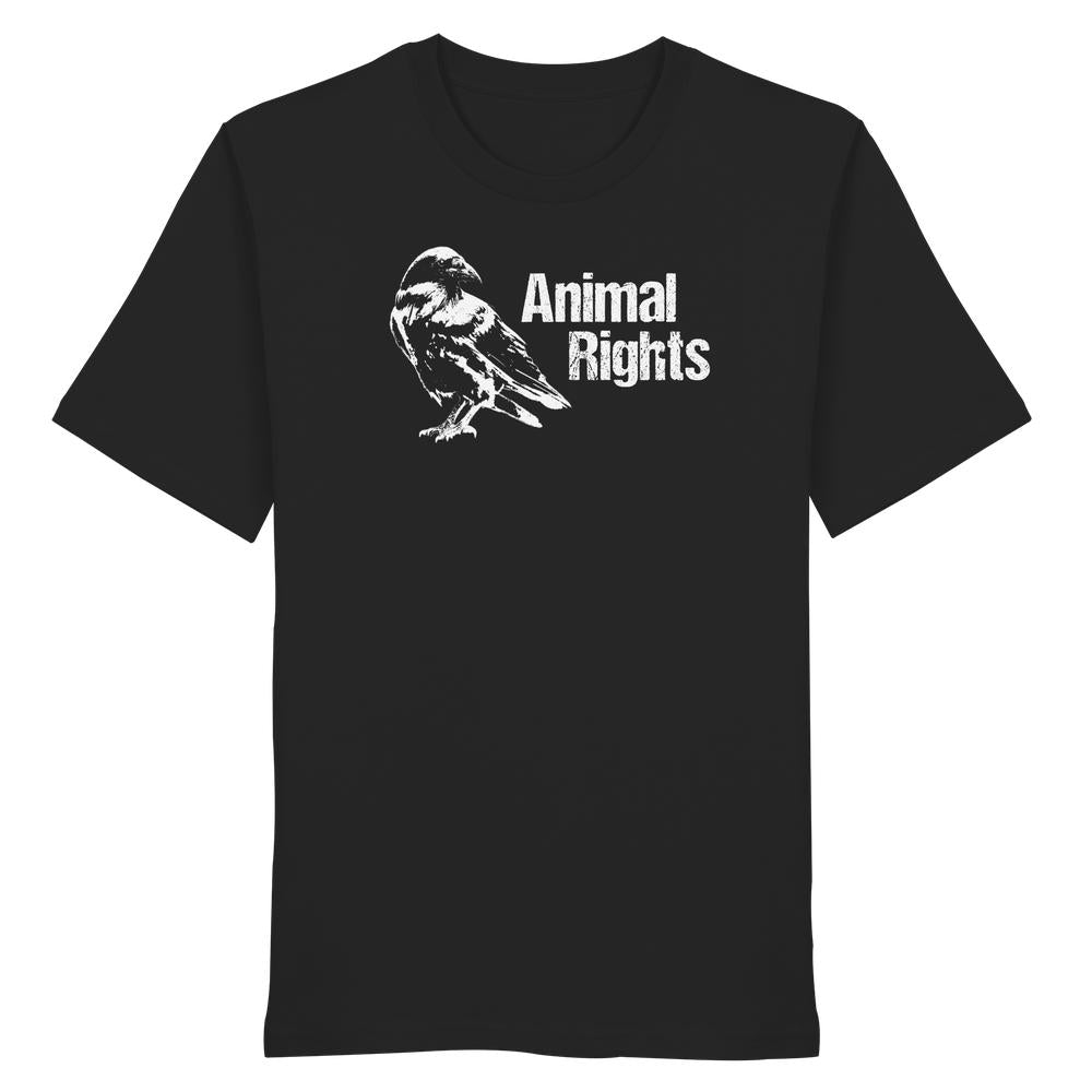 Schwarzes T-Shirt mit weißem Druck eines stilisierten Vogels und dem Schriftzug Animal Rights, aus 100% Bio-Baumwolle, normale Passform, von RUDE REBEL.