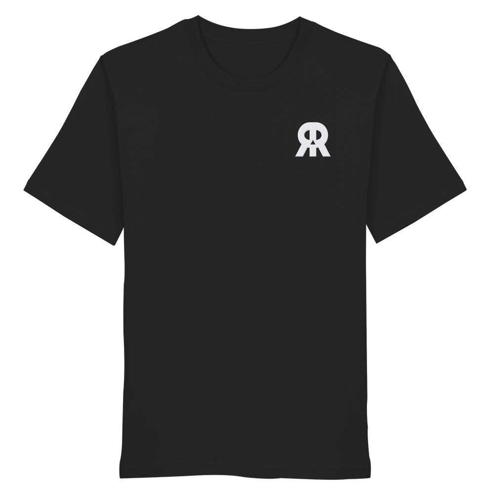 Vegan und Bio Unisex Shirt bestickt: RUDE REBEL Skull, schwarzes T-Shirt mit kleinem weißen Logo aus zwei stilisierten „R“ auf der linken Brust, aus 100 % Bio-Baumwolle.