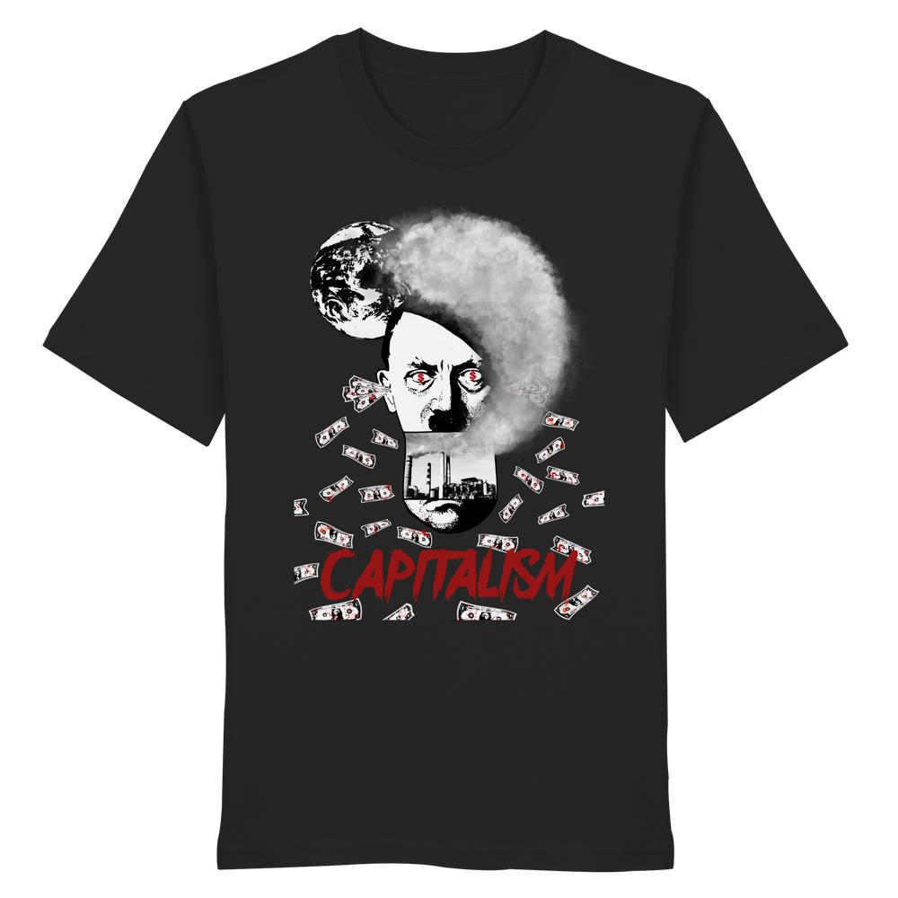 Vegan und Bio Unisex Shirt: Capitalism vs. Earth - The Money Game mit surrealem Gesicht, Fabrikszene, Rauch und Banknoten, Kapitalismus kritisch darstellend.