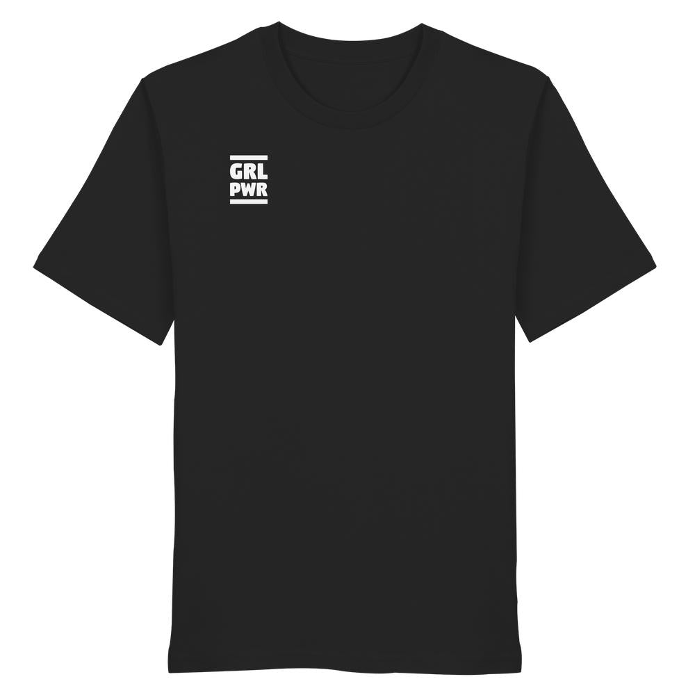 Vegan und Bio Unisex Shirt: GIRL POWER - Schwarzes T-Shirt mit GRL PWR-Design, symbolisiert Stärke und Emanzipation, aus Bio-Baumwolle von RUDE REBEL.