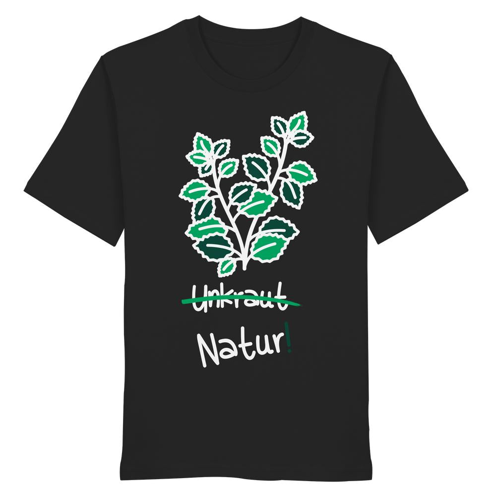 Schwarzes Bio-T-Shirt mit grüner Pflanzengrafik und den Wörtern „Unkraut“ (durchgestrichen) und „Natur!“ darunter. Unisex-Design von RUDE REBEL, fördert Naturschutz.