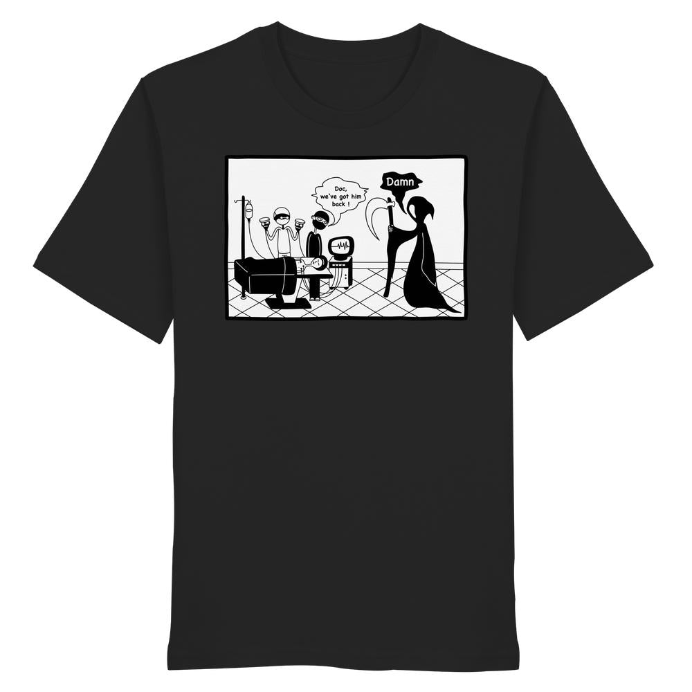 Vegan und Bio Unisex Shirt: Comicstripe - The Reaper, zeigt eine humorvolle OP-Szene mit enttäuschtem Sensenmann. Hergestellt aus 100% Bio-Baumwolle, normaler Schnitt, nachhaltiges Design.