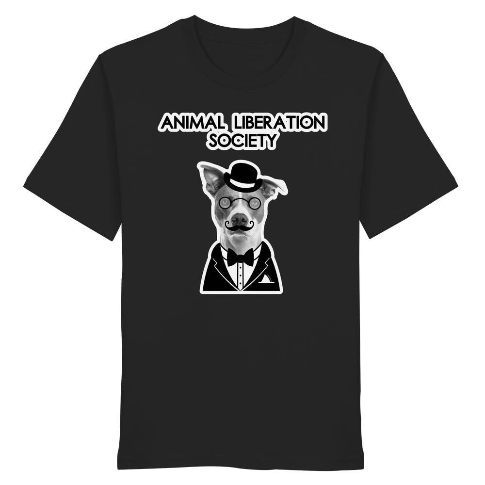 Vegan und Bio Unisex Shirt: Mr. Dog - Animal Liberation Society, zeigt einen edel gekleideten Hund, der als humorvoller Botschafter für Tierrechte auftritt.