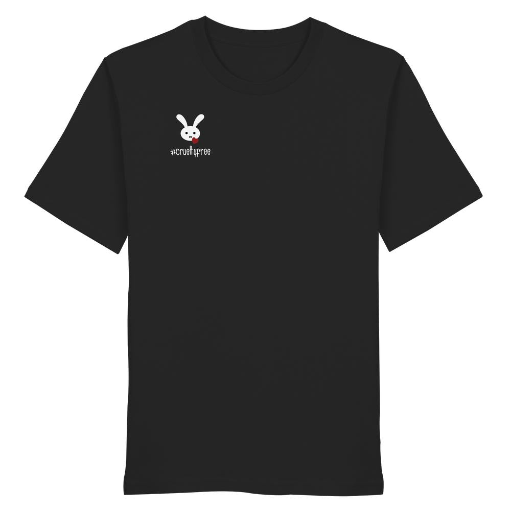 Schwarzes Unisex-Bio-Shirt mit kleinem weißen Hasenlogo und rotem Herzdruck; Vegan und Bio Unisex Shirt: Crueltyfree Bunny aus 100 % Bio-Baumwolle, normale Passform.